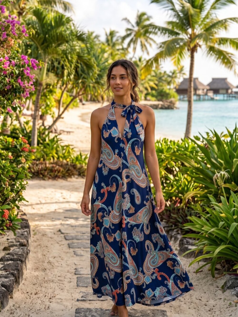 Blooms In The City Navy Paisley Print Tie Neck Sleeveless Maxi Dress USA Medium